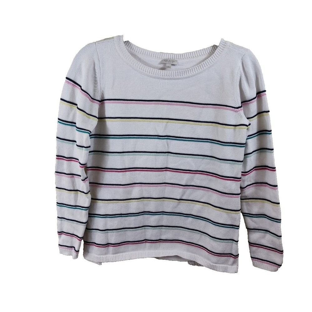 Talbots Womens Petite SP White Colorful Striped Long Sleeve Knit Sweater